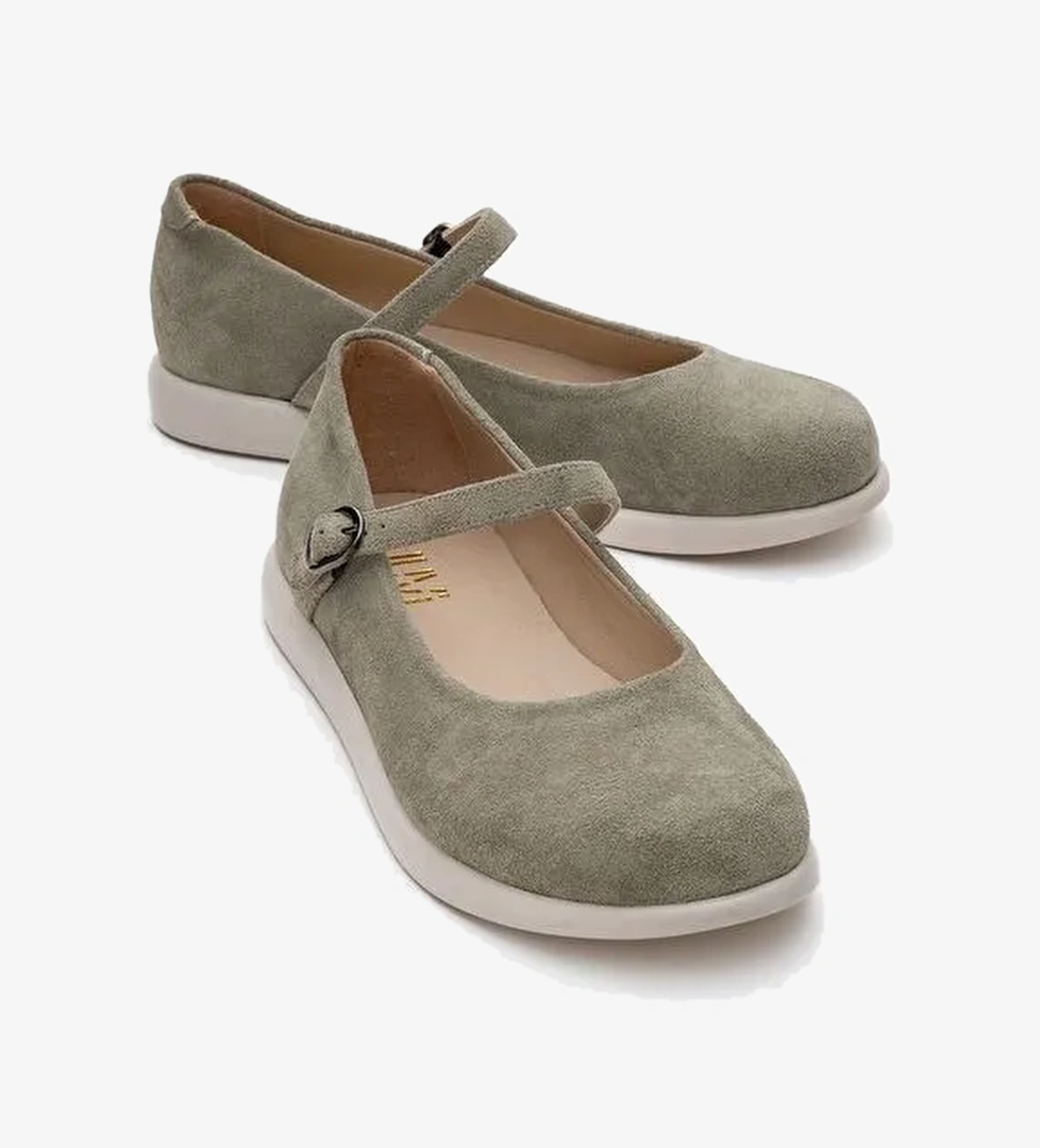 ANİSA Yeşil Süet Bantlı Hakiki Deri Kadın Babet Ayakkabı - Görsel 1