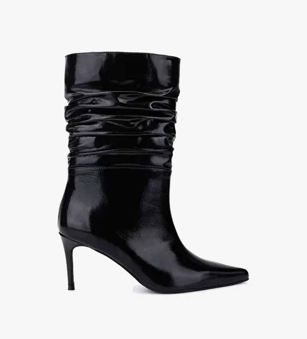 Valmenti Kadın Hakiki Deri Siyah Kırışık Rugan Topuklu Bot - Görsel 1