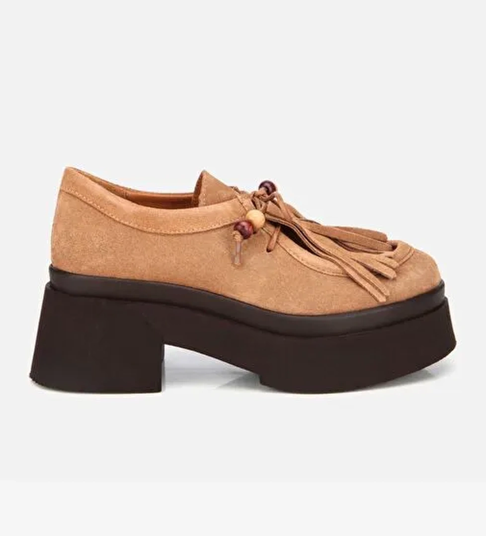 Kadın Süet Deri Taba Püskül Detaylı Kalın Tabanlı Günlük Loafer 01AYH316840A370 - Görsel 1