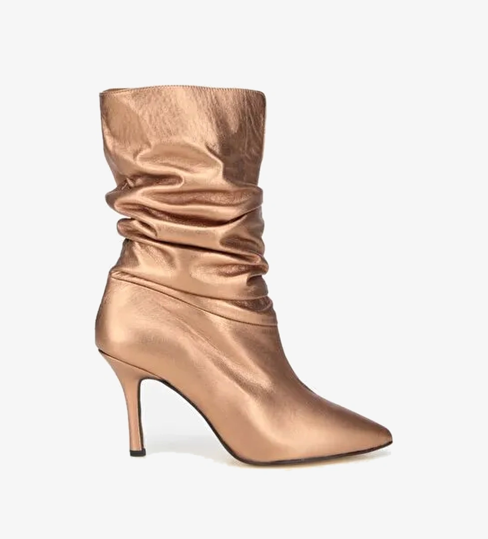 Kadın Deri Bronz Büzgülü Sivri Burunlu İnce Topuklu Bot 01BOH312730A470 - Görsel 1