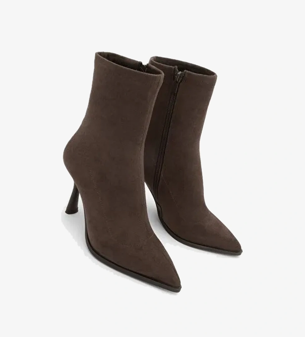 Kadın Topuklu Bot Sivri Burun Kadeh Ökçe Günlük Klasik Bot Holes Kahve Süet - Görsel 1