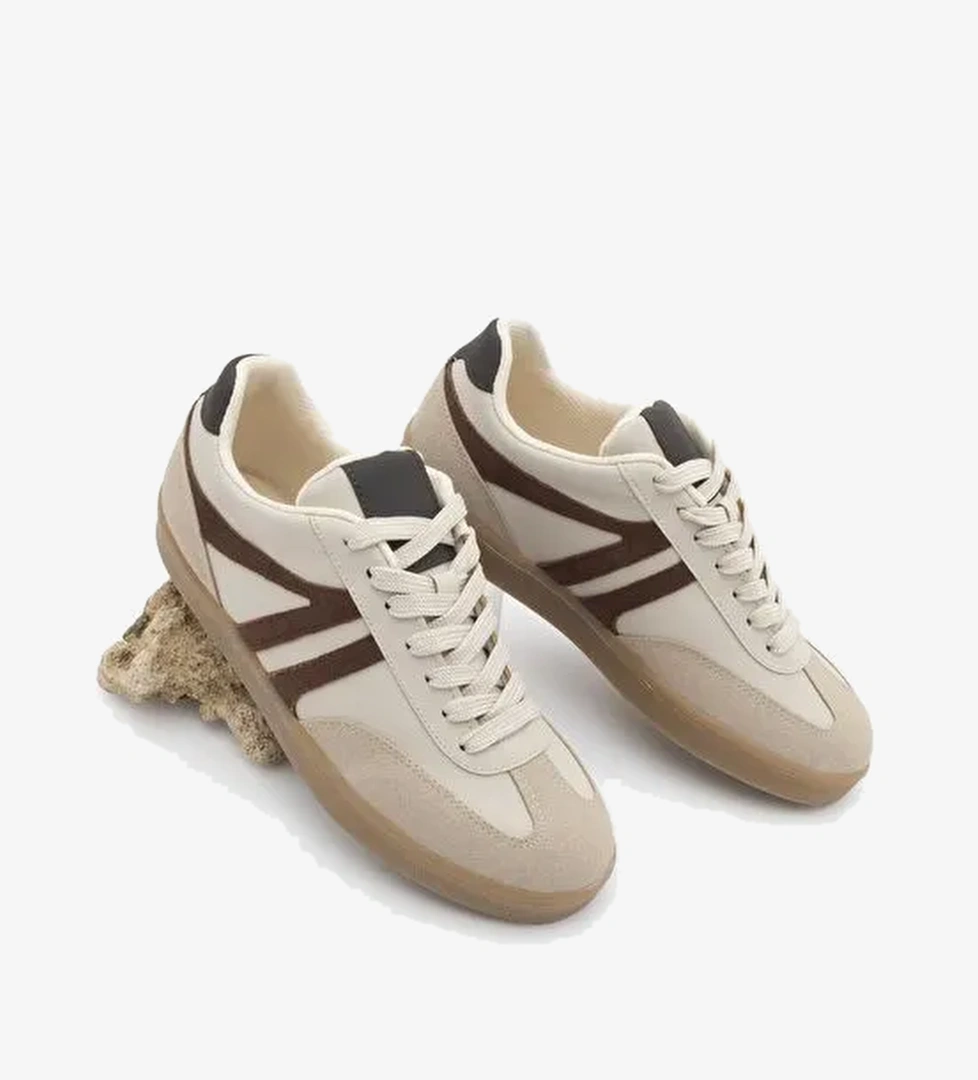 Kadın Sneaker Bağcıklı Düz Taban Retro Spor Ayakkabı Norde Bej - Görsel 1