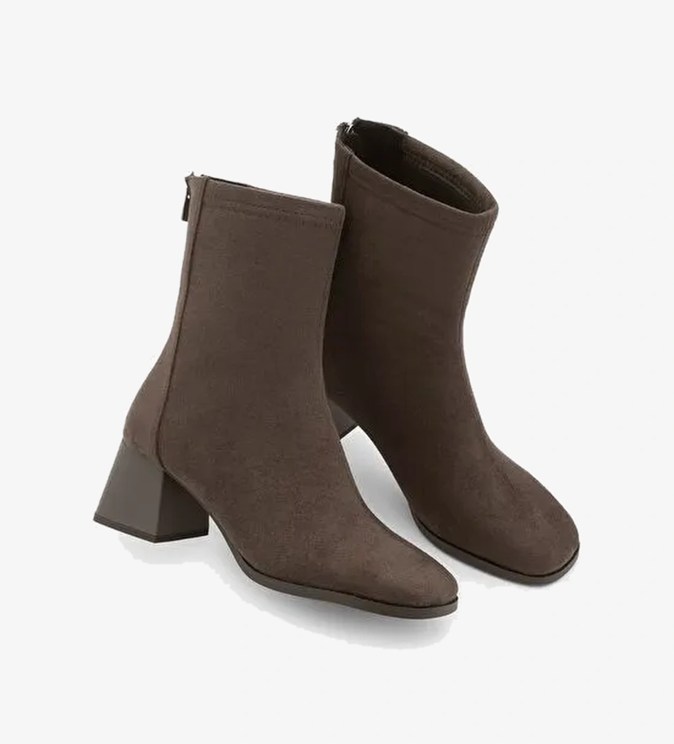 Kadın Topuklu Bot Küt Burun Arkadan Fermuarlı Nayis Kahve Süet - Görsel 1
