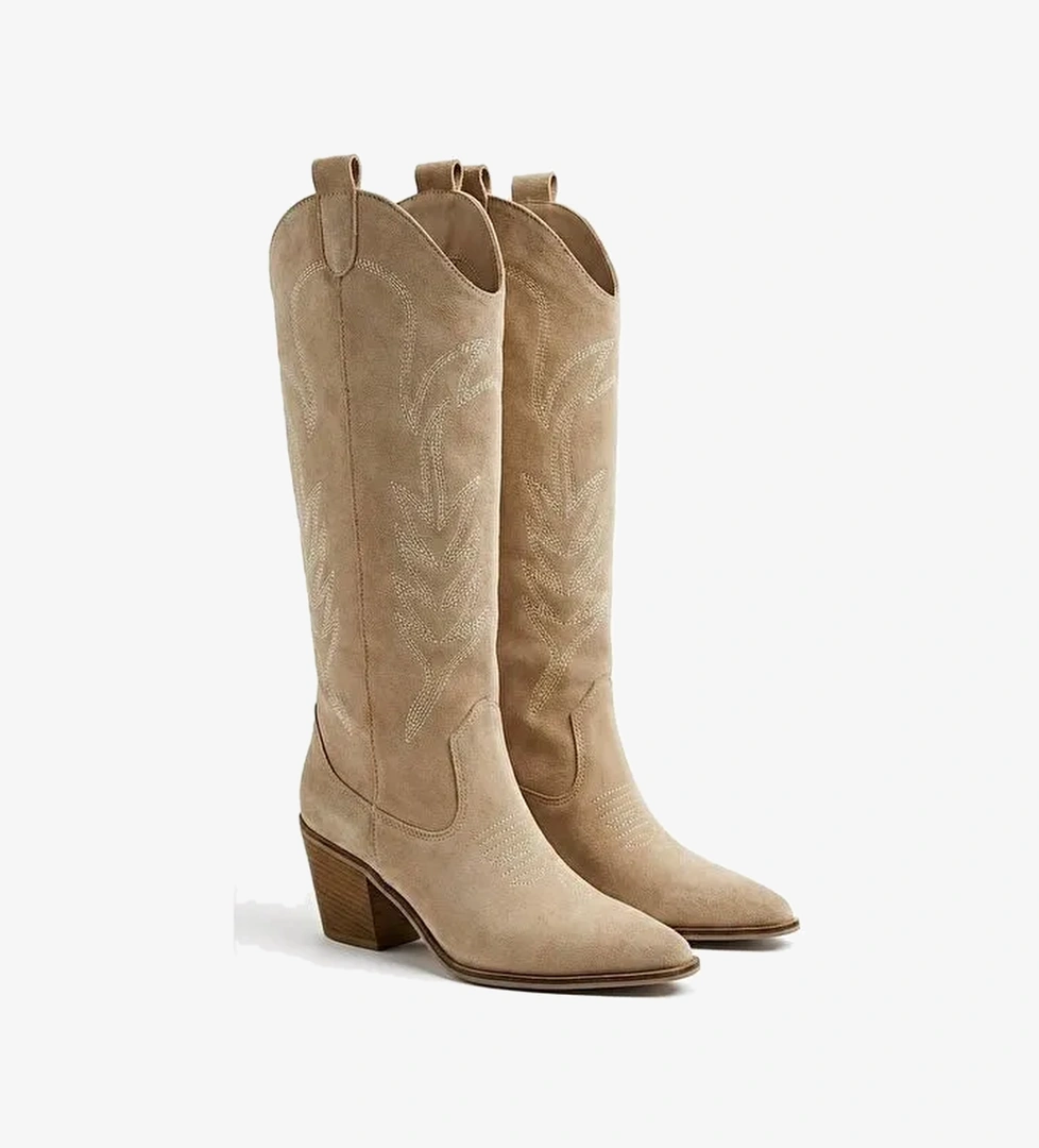 Kadın Süet Bej Western Detaylı Nakışlı Uzun Çizme - Görsel 1