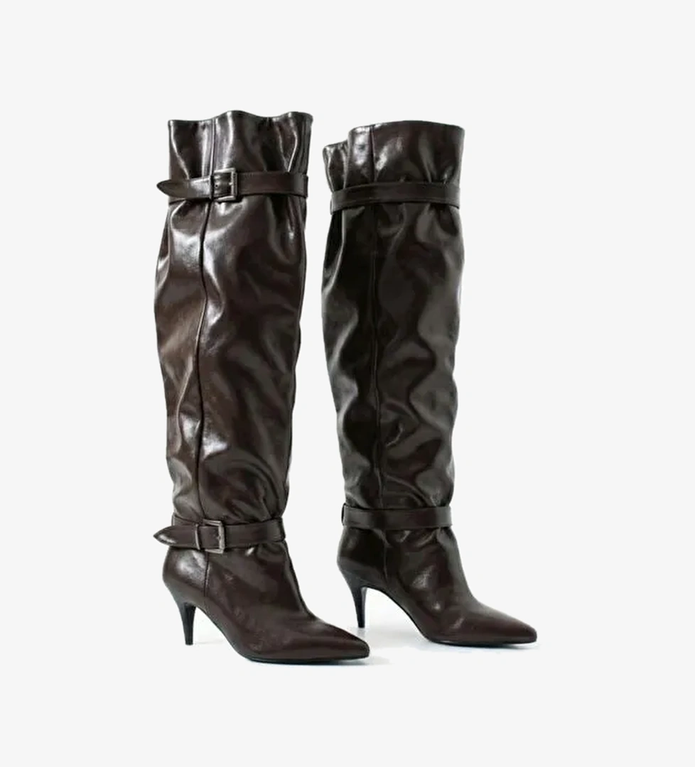 Kadın Acı Kahve Kemer Detaylı Kırışık Rugan Tokalı Uzun Çizme - Görsel 1