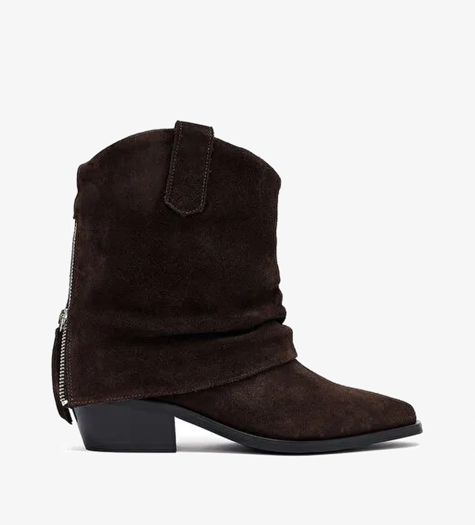 Kadın Kahverengi Kısa Kalın Topuklu Süet Deri Kovboy Bot 25WFD270610 - Görsel 1