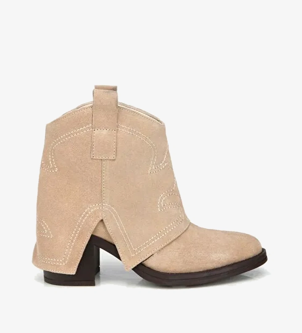 Kadın Süet Deri Bej Dikiş Detaylı Kovboy /Western Topuklu Bot 01BOH315740A310 - Görsel 1