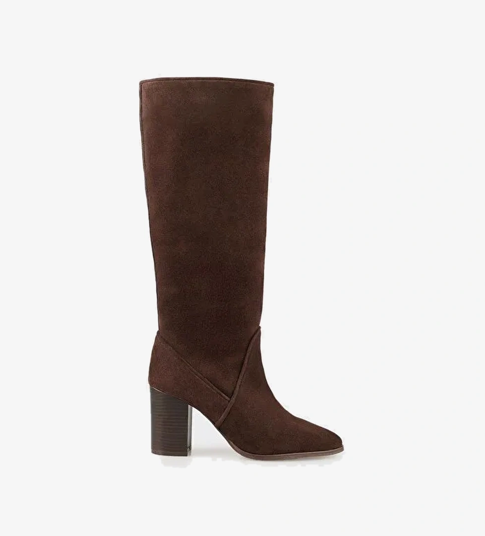 Kahve Deri Kadın Topuklu Çizme - Görsel 1