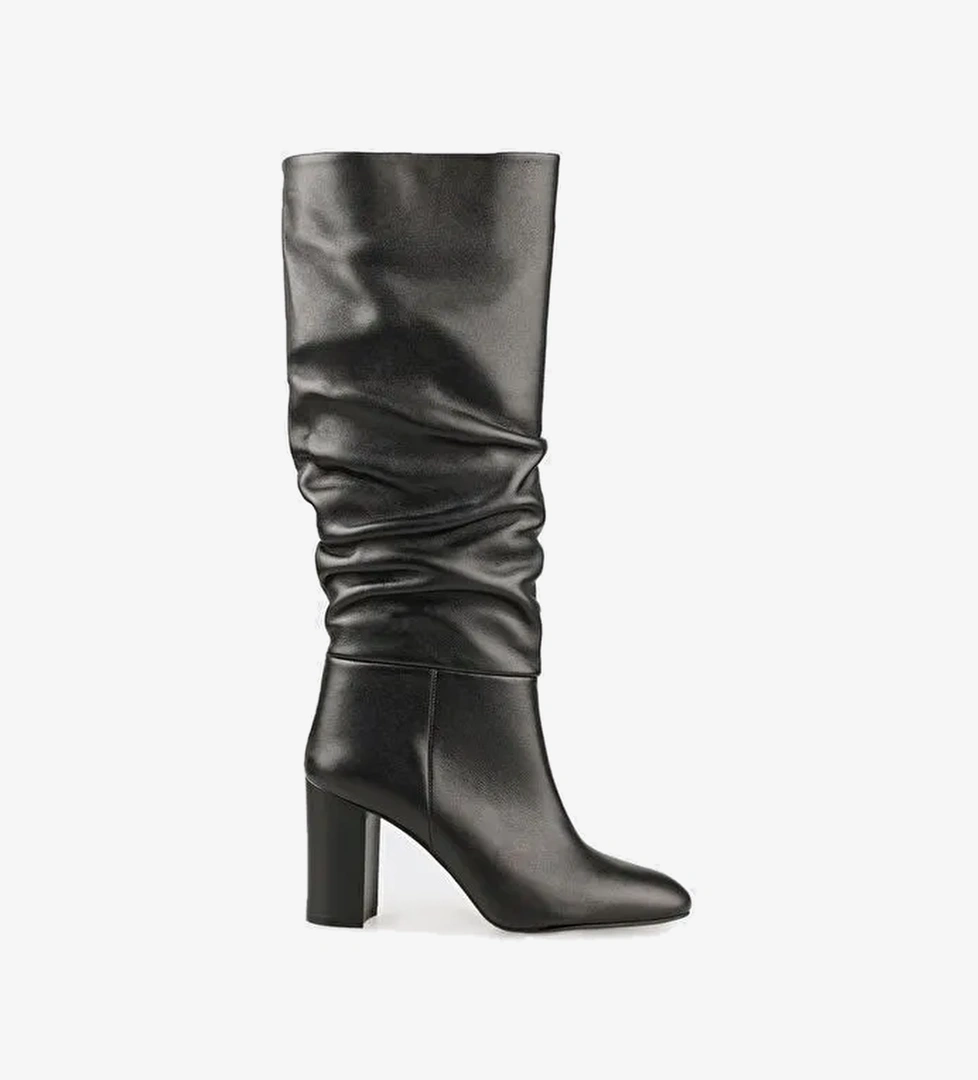 Siyah Deri Kadın Topuklu Çizme - Görsel 1