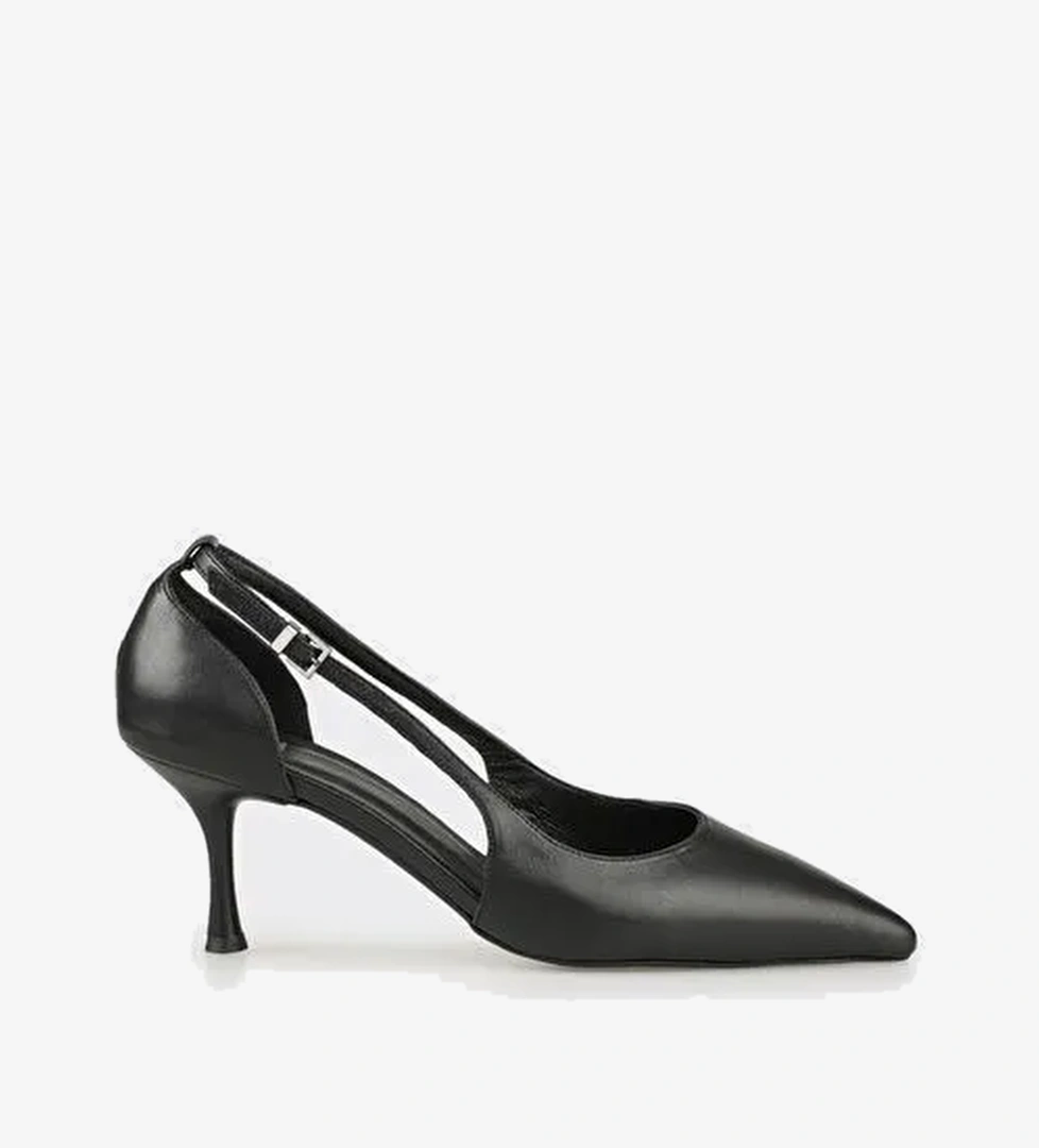 Siyah Deri Kadın Topuklu Ayakkabı - Görsel 1