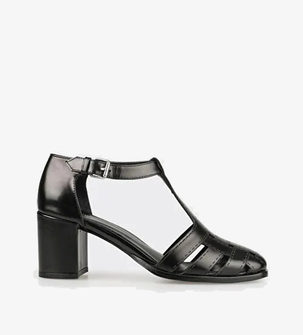 Siyah Deri Kadın Topuklu Ayakkabı - Görsel 1