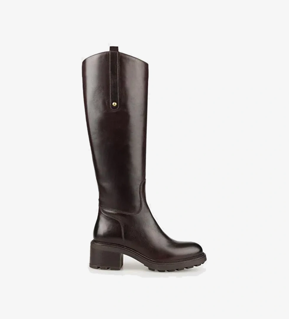 Kahve Deri Kadın Topuklu Çizme - Görsel 1