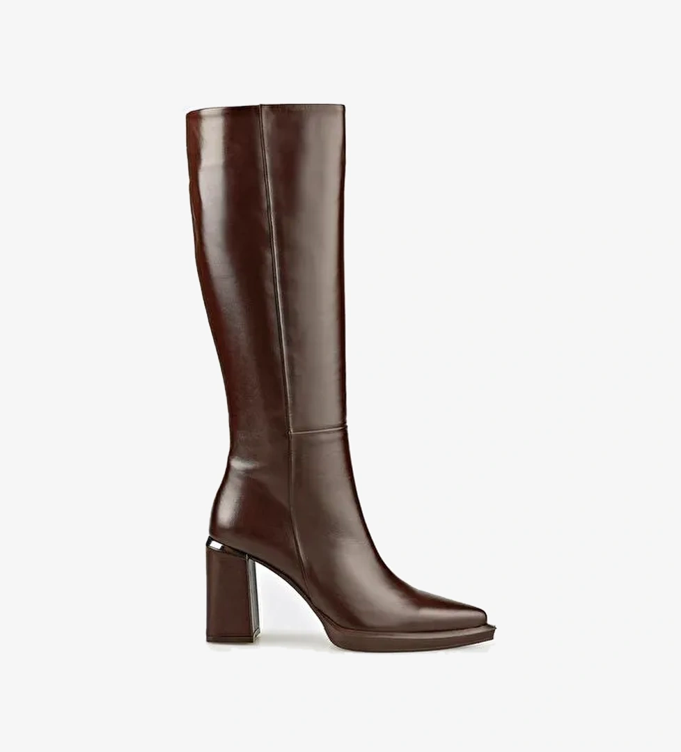 Kahve Deri Kadın Topuklu Çizme - Görsel 1