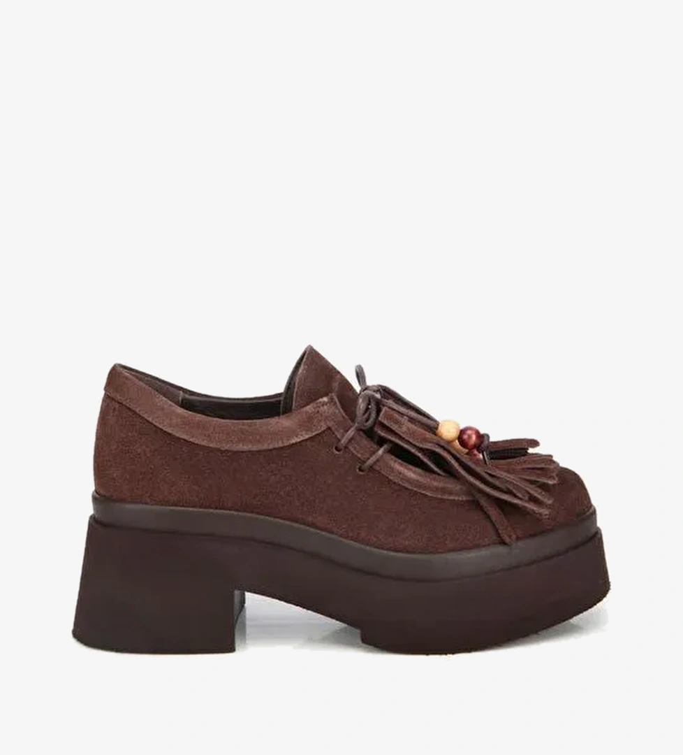 Kadın Süet Deri Kahverengi Püskül Detaylı Kalın Tabanlı Günlük Loafer 01AYH316840A480 - Görsel 1