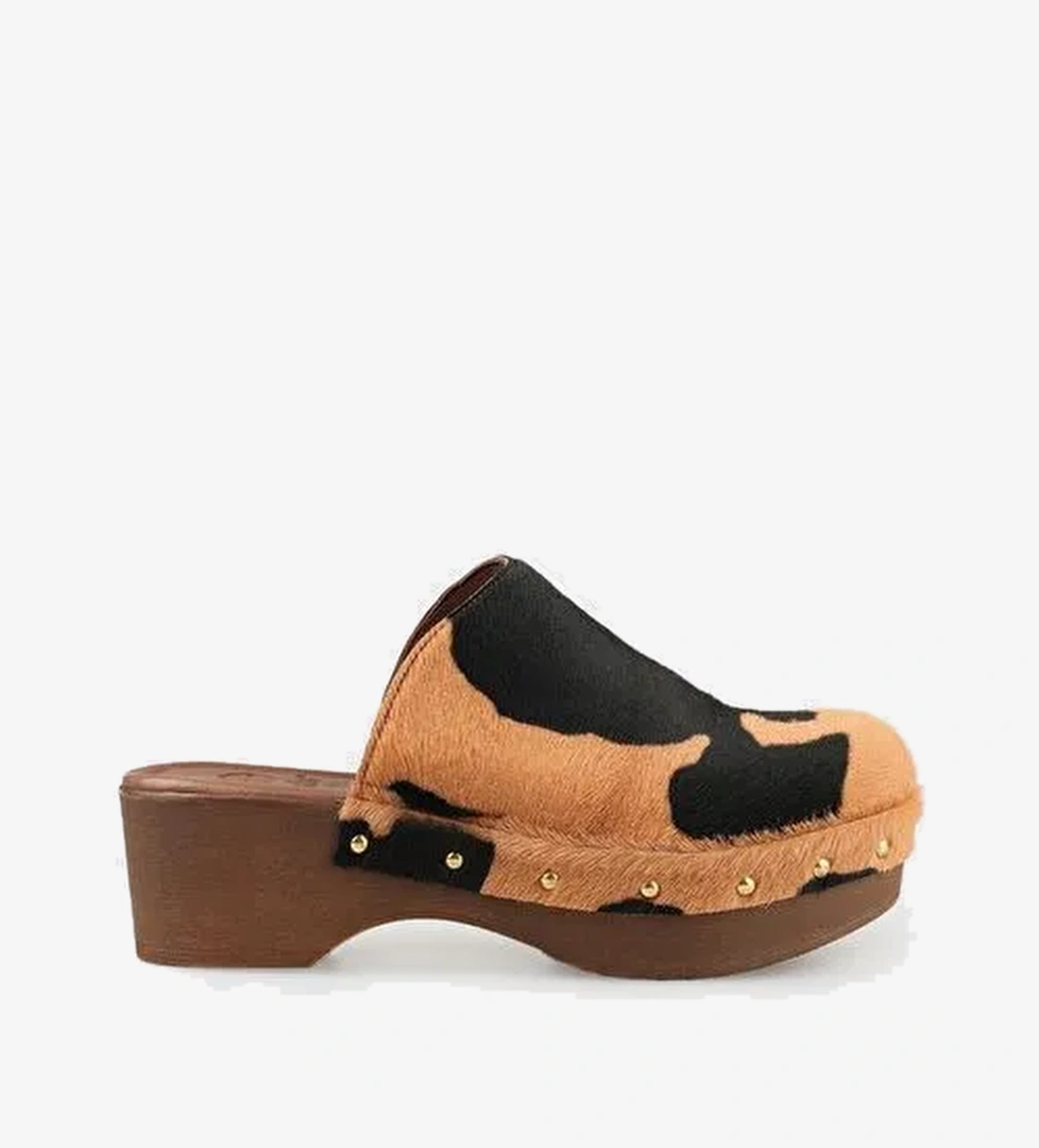 Bej Hayvan Desenli Deri Kadın Terlik - Görsel 1