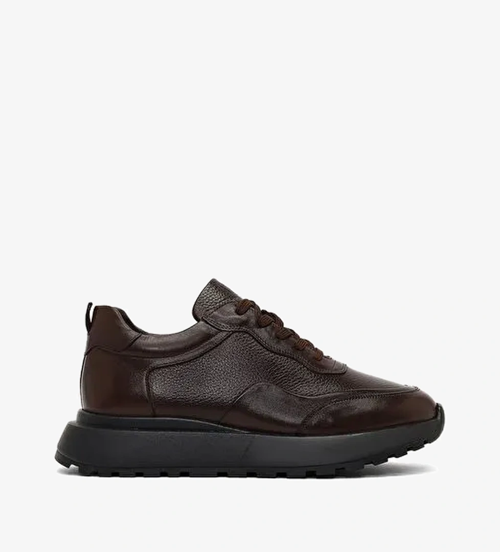 Erkek Kahverengi Bağcıklı Kalın Tabanlı Deri Sneaker 25WFD641114 - Görsel 1