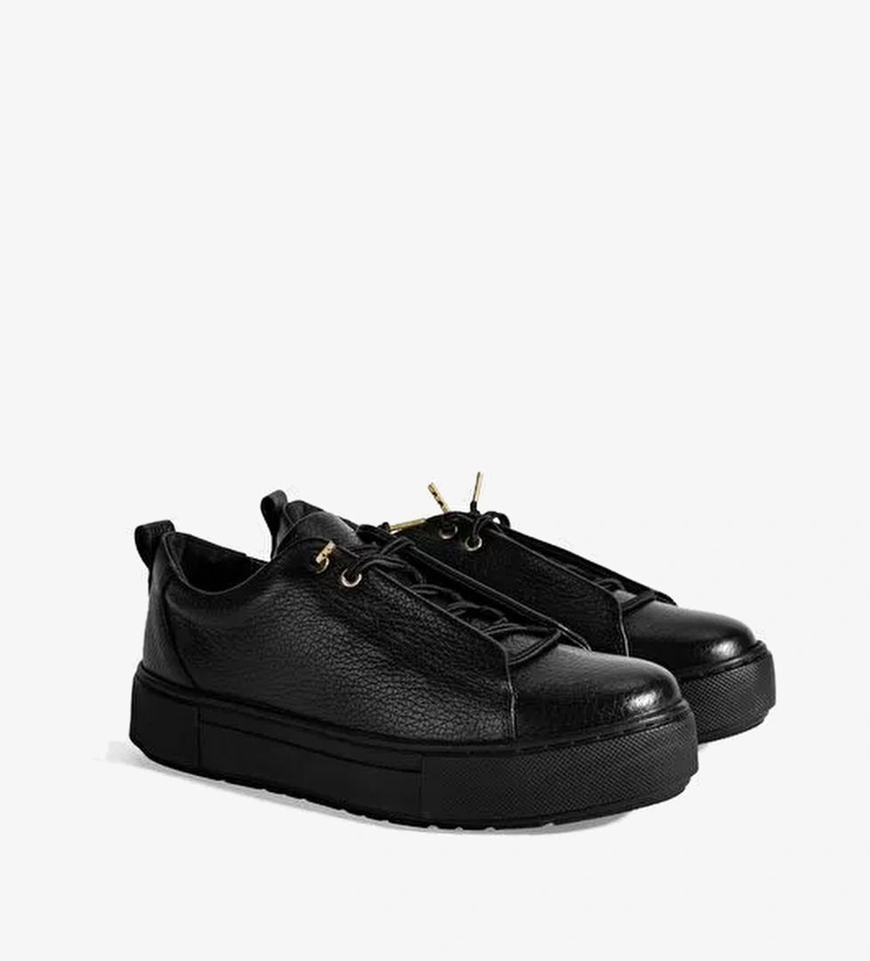 Kadın Siyah Bağcıklı Deri Sneaker - Görsel 1