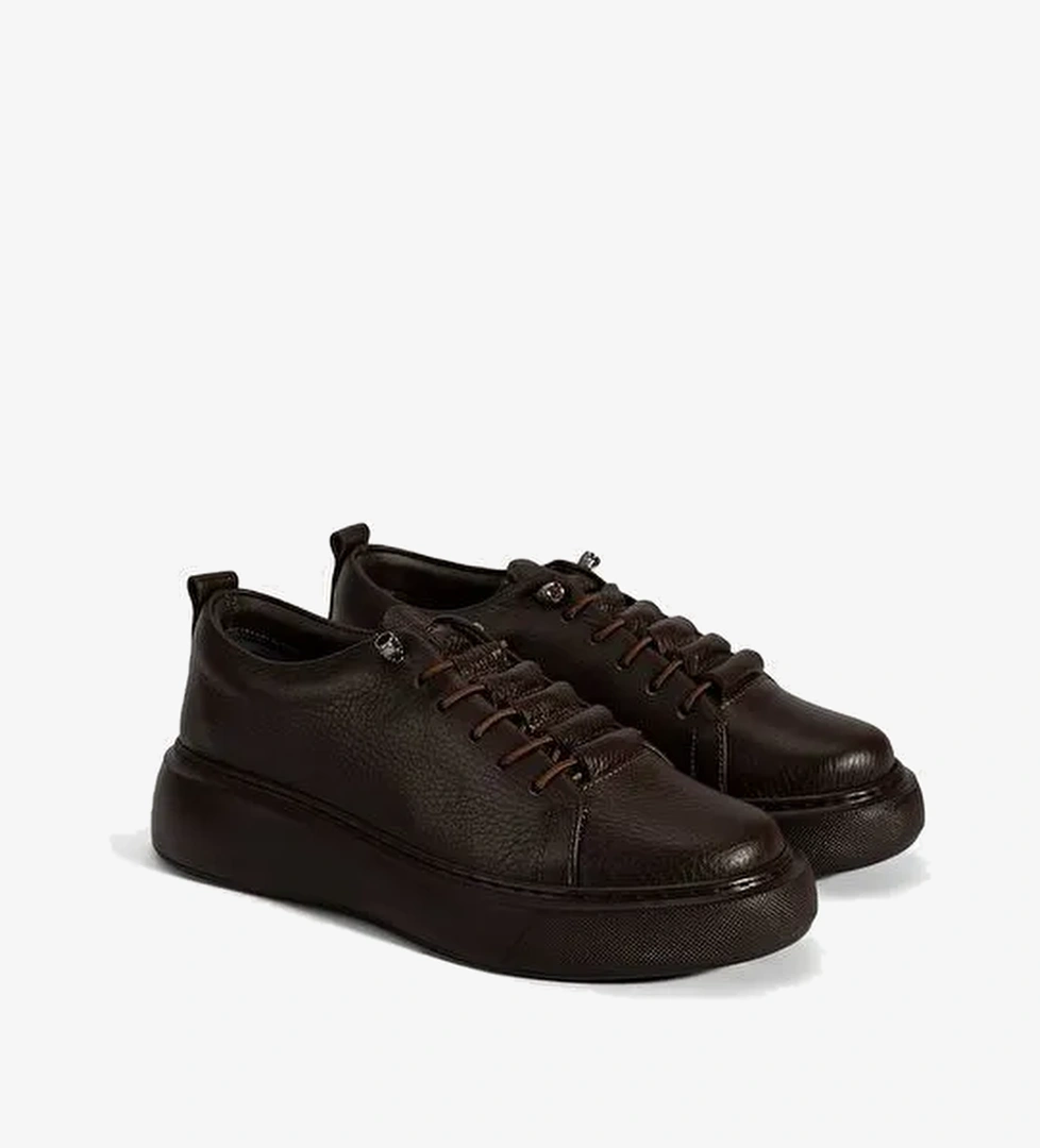 Kadın Kahve Bağcıklı Deri Spor Ayakkabı - Görsel 1