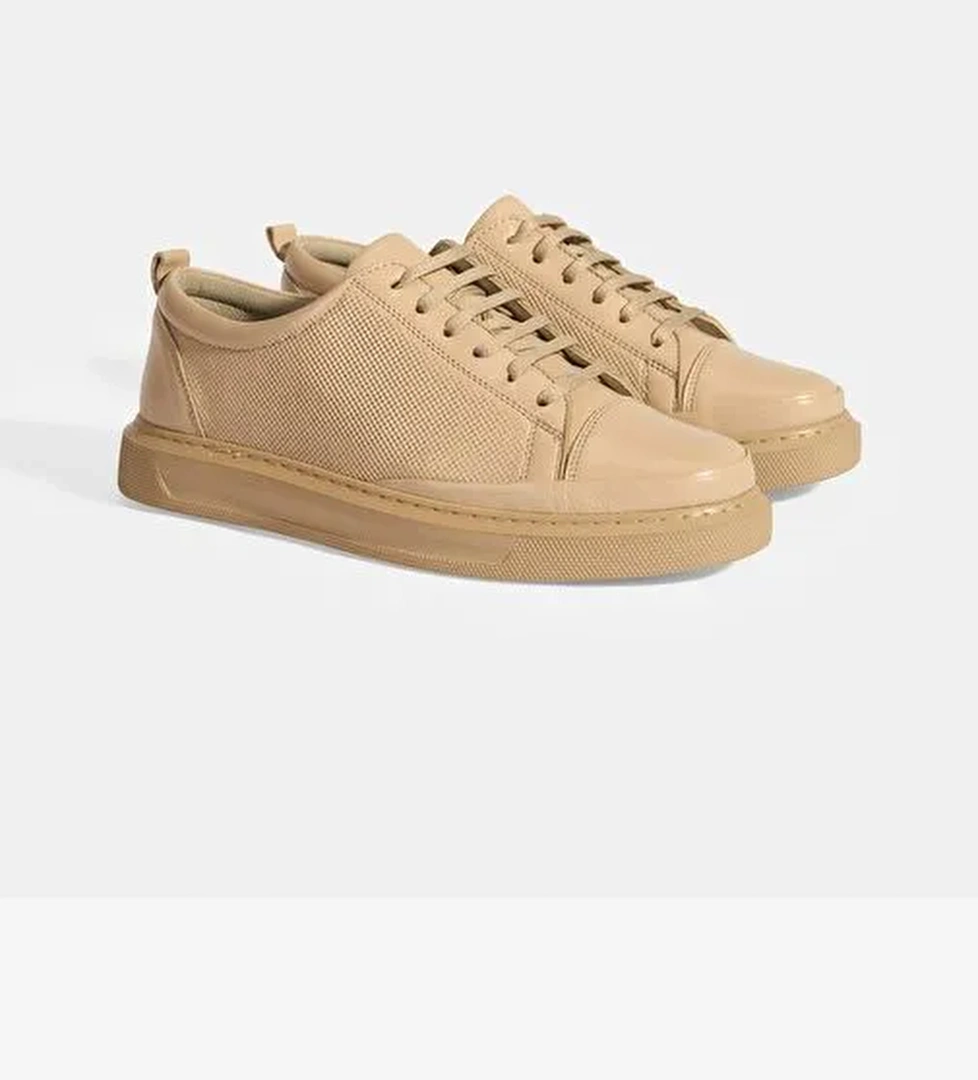 Kadın Bej Deri Bağcıklı Spor Ayakkabı - Görsel 1