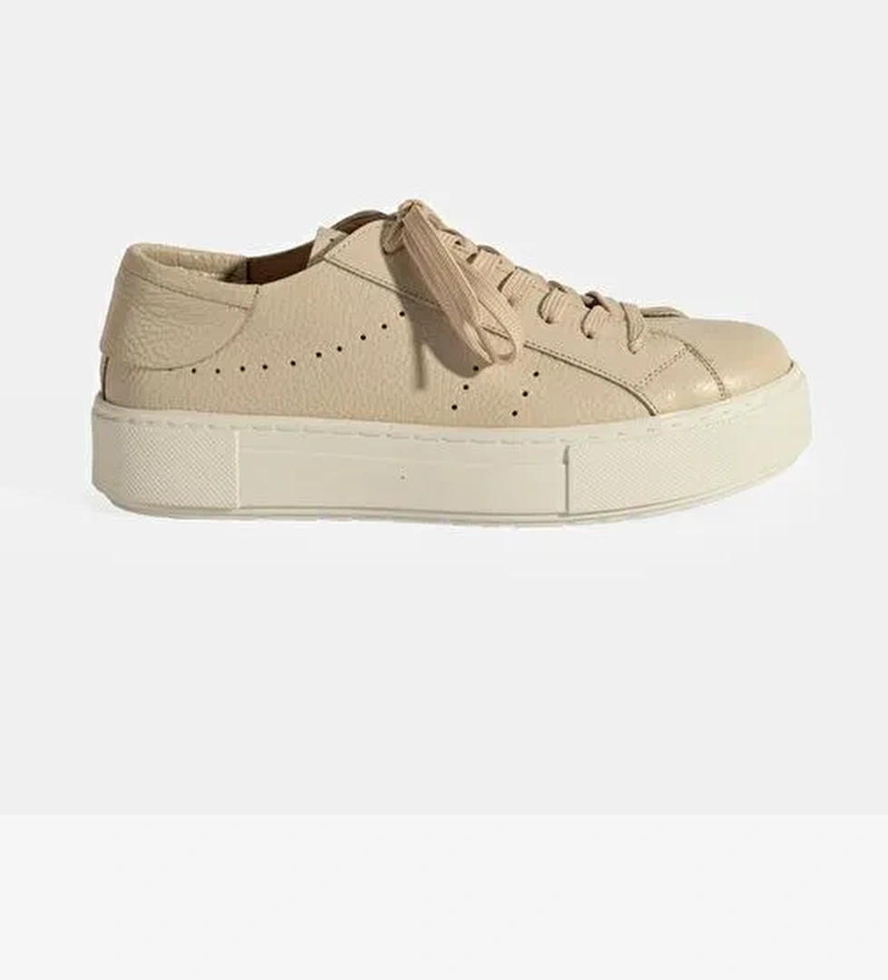 Kadın Bej Bağcıklı Deri Sneaker - Görsel 1