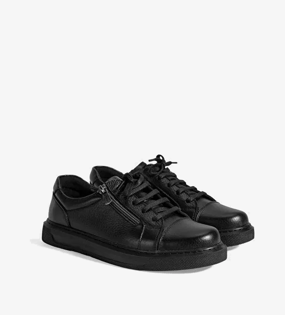 Kadın Siyah Bağcıklı Fermuar Detaylı Deri Sneaker - Görsel 1