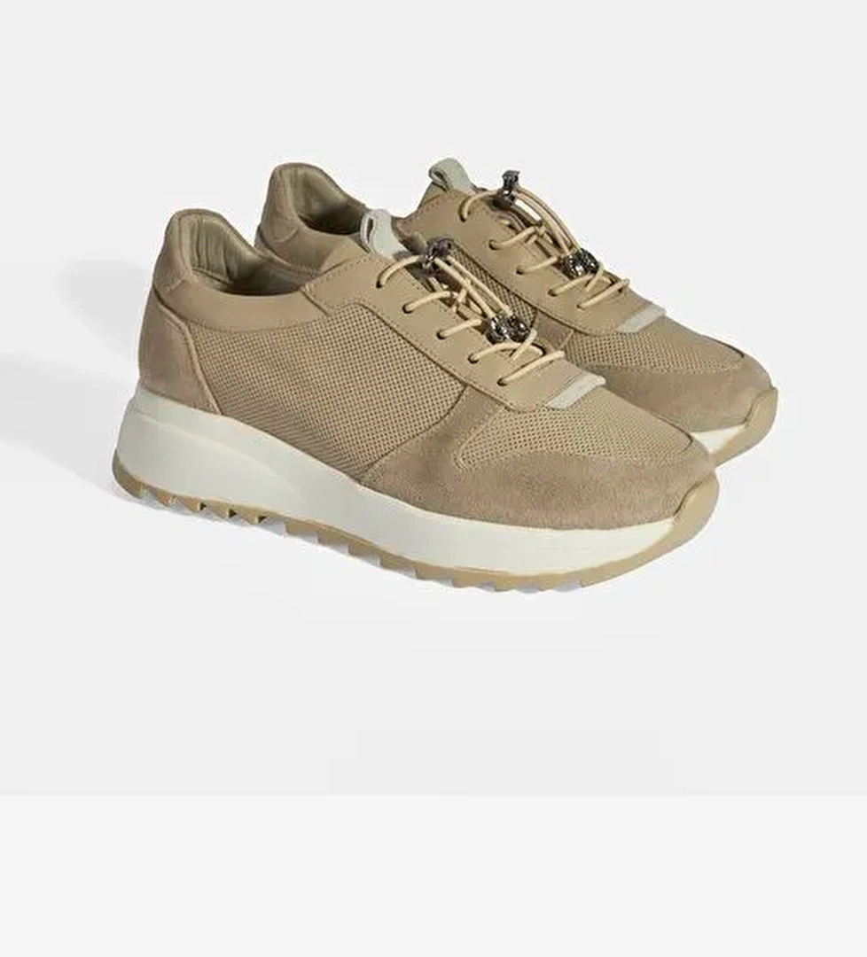 Kadın Vizon Bağcıklı Deri Detaylı Spor Ayakkabı - Görsel 1