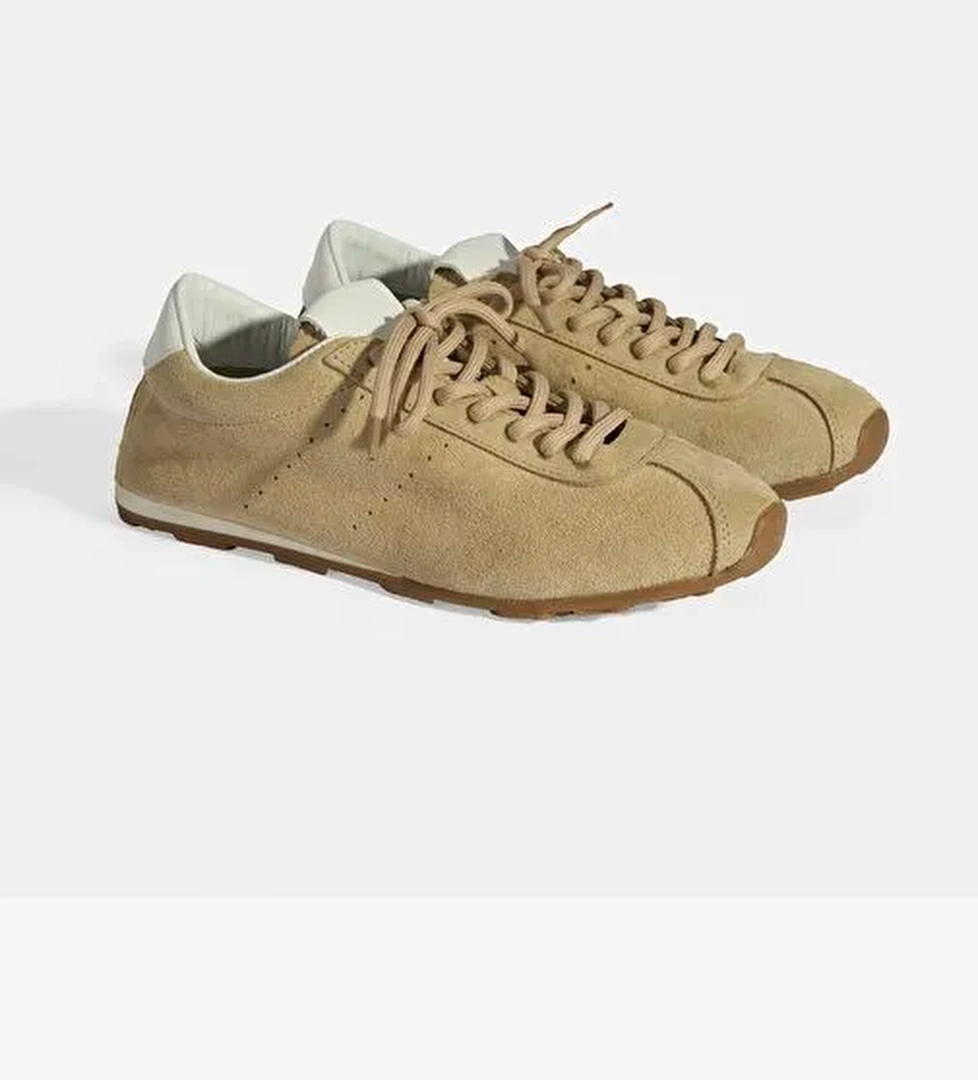 Kadın Bej Bağcıklı Süet Spor Ayakkabı - Görsel 1