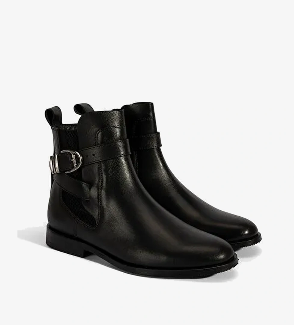 Kadın Siyah Ayarlanabilir Metal Tokalı Deri Bot - Görsel 1