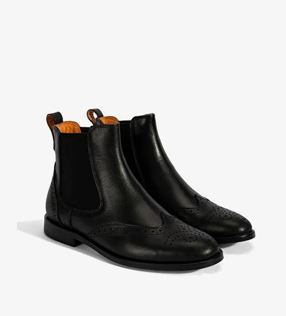 Kadın Turuncu Astar Detaylı Siyah Chelsea Deri Bot - Görsel 1