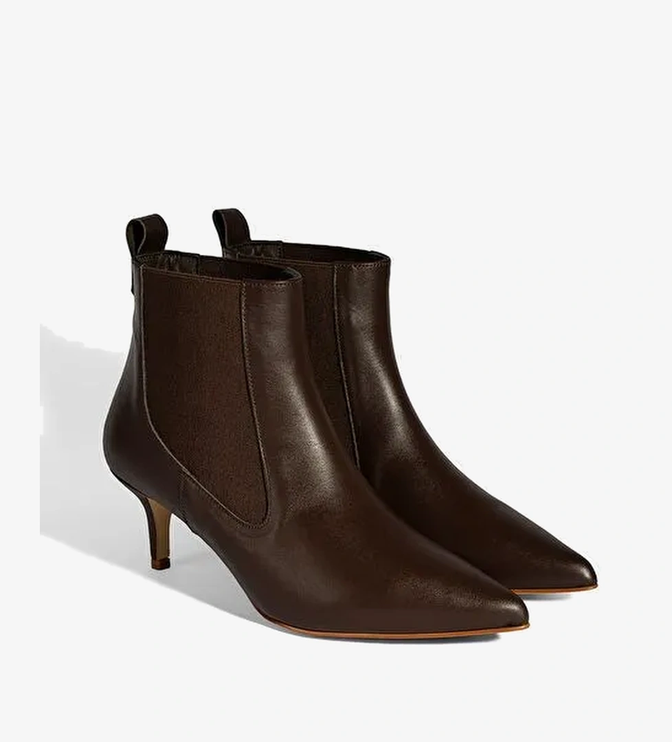 Kadın Kahve Lastikli Sivri Burunlu İnce Topuklu Deri Bot - Görsel 1