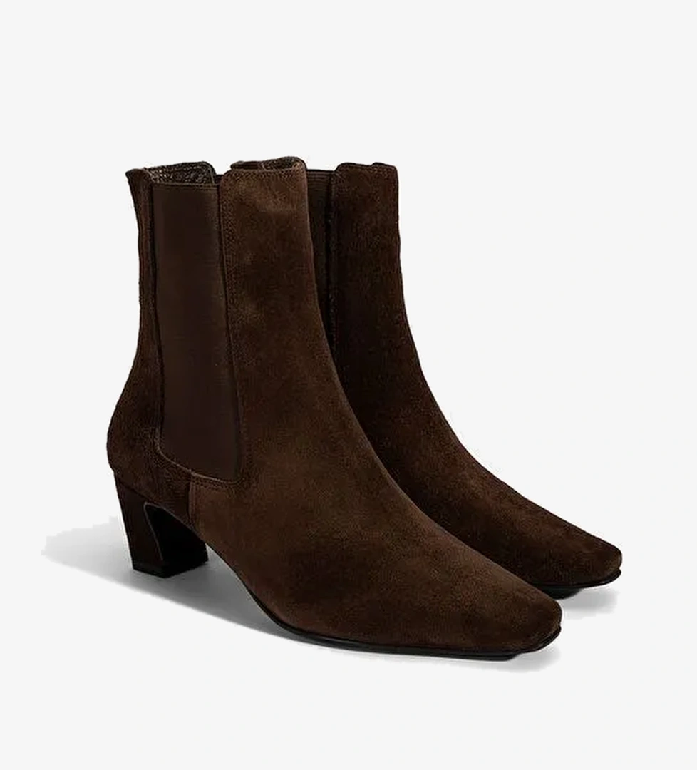 Kadın Kahve Lastikli Topuklu Süet Deri Bot - Görsel 1
