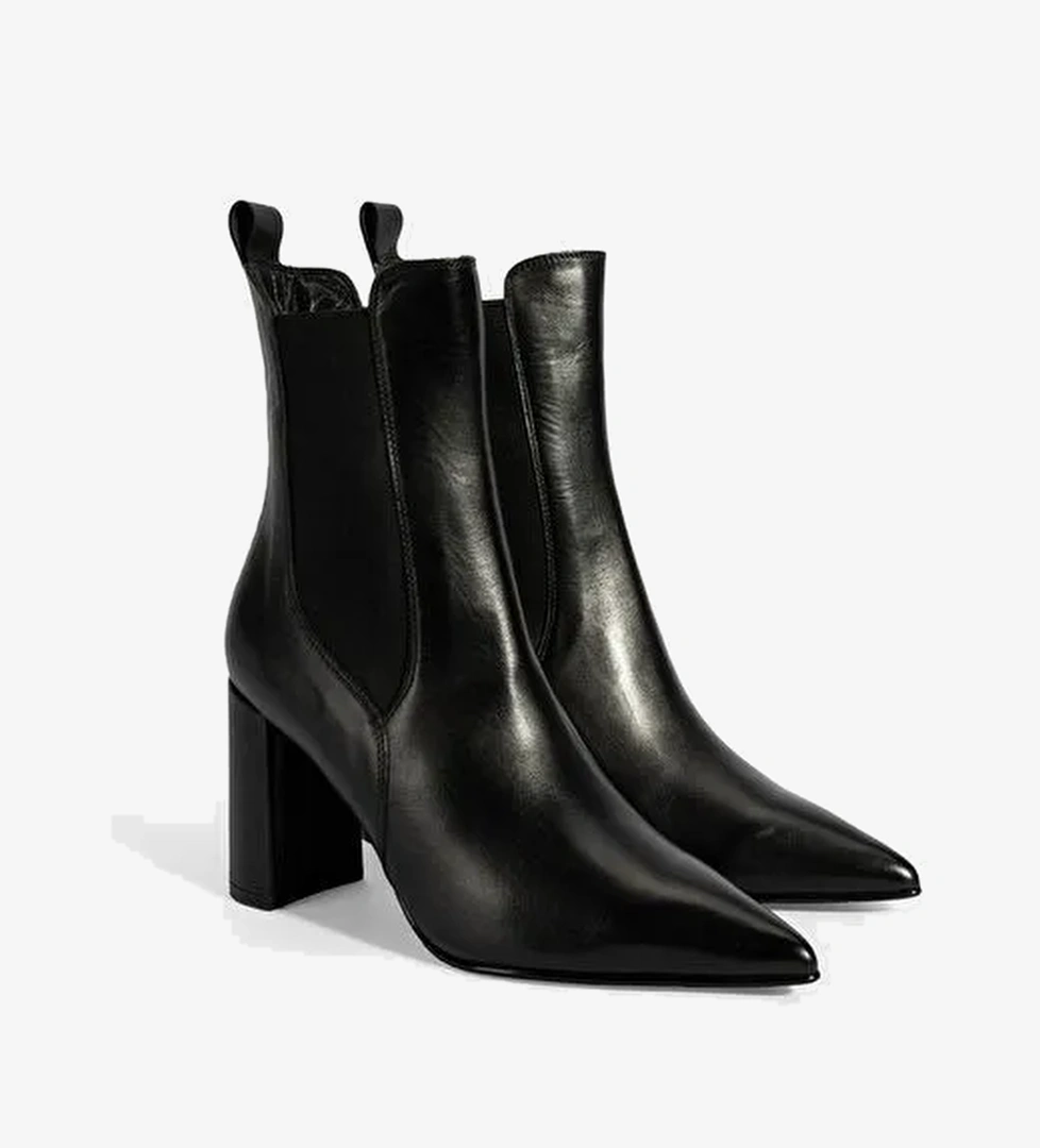 Kadın Siyah Lastikli Sivri Burunlu Topuklu Deri Bot - Görsel 1