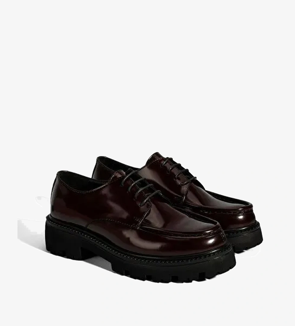 Kadın Bordo Bağcıklı Kalın Tabanlı Deri Günlük Ayakkabı - Görsel 1