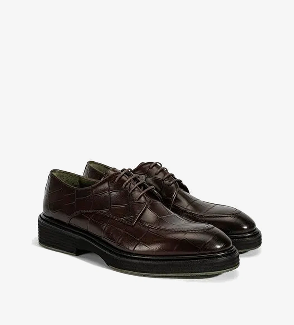 Erkek Kahve Bağcıklı Kroko Baskılı Deri Klasik Ayakkabı - Görsel 1