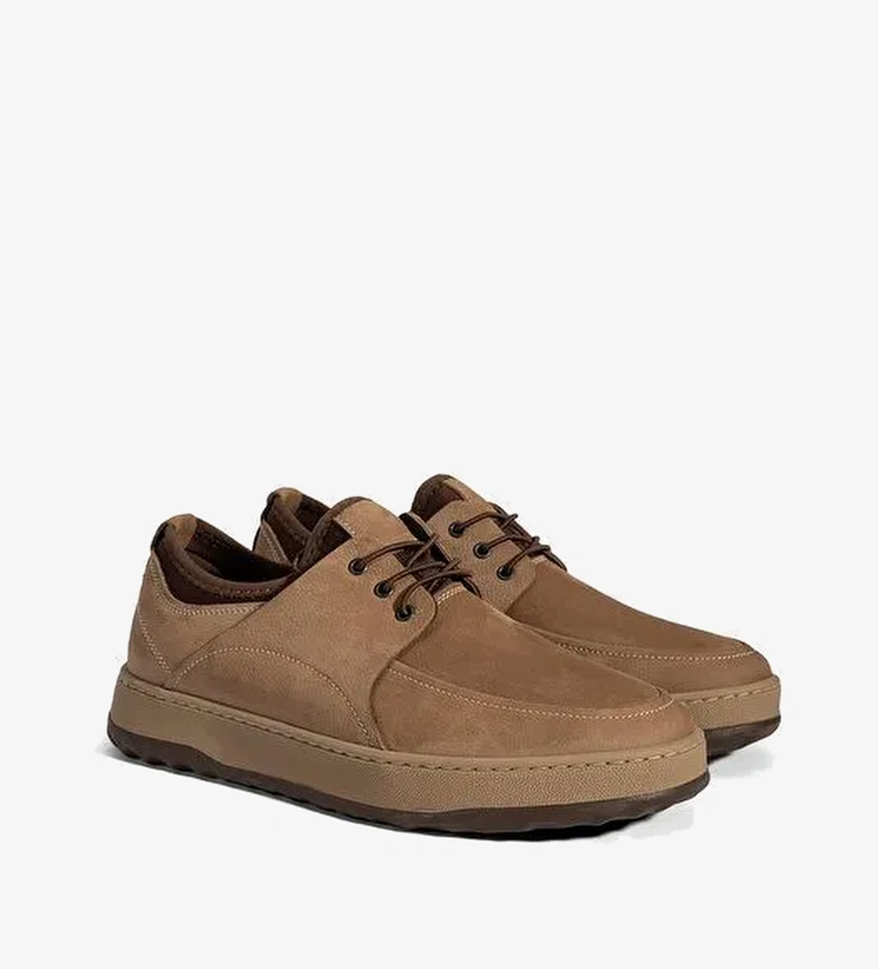 Erkek Bej Bağcıklı Nubuk Deri Günlük Ayakkabı - Görsel 1
