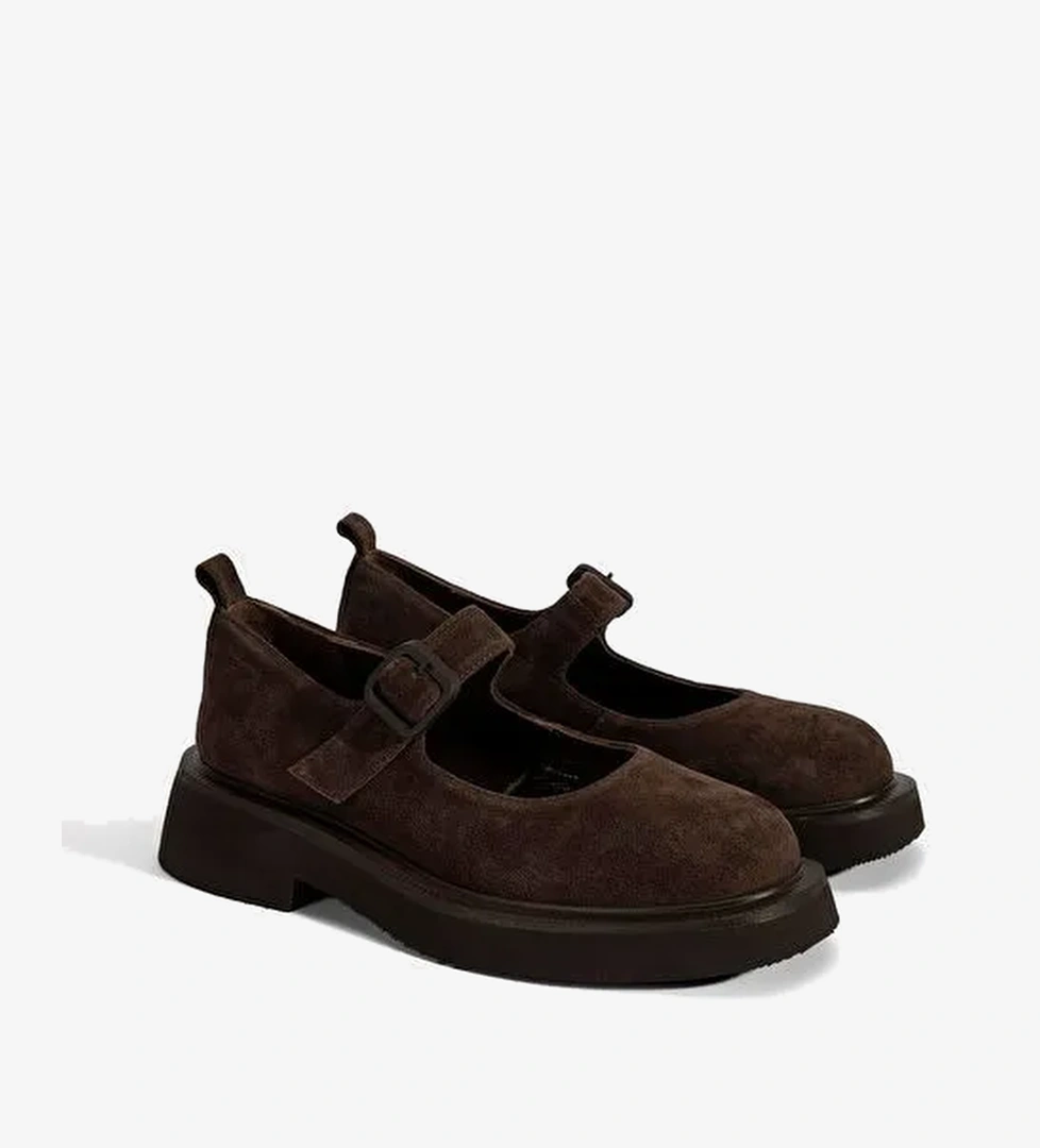 Kadın Kahve Ayarlanabilir Tokalı Mary Jane Süet Günlük Ayakkabı - Görsel 1