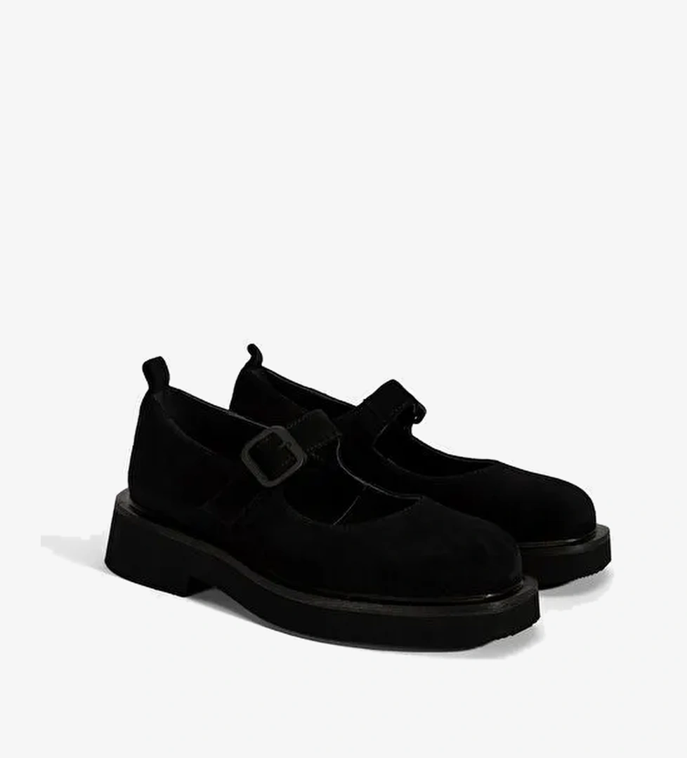 Kadın Siyah Ayarlanabilir Tokalı Mary Jane Süet Günlük Ayakkabı - Görsel 1