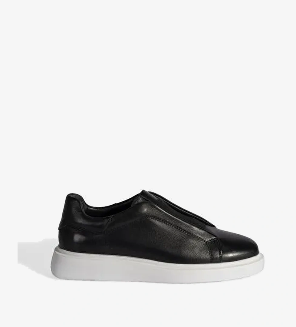 Siyah Erkek Lastik Detaylı Deri Günlük Ayakkabı - Görsel 1