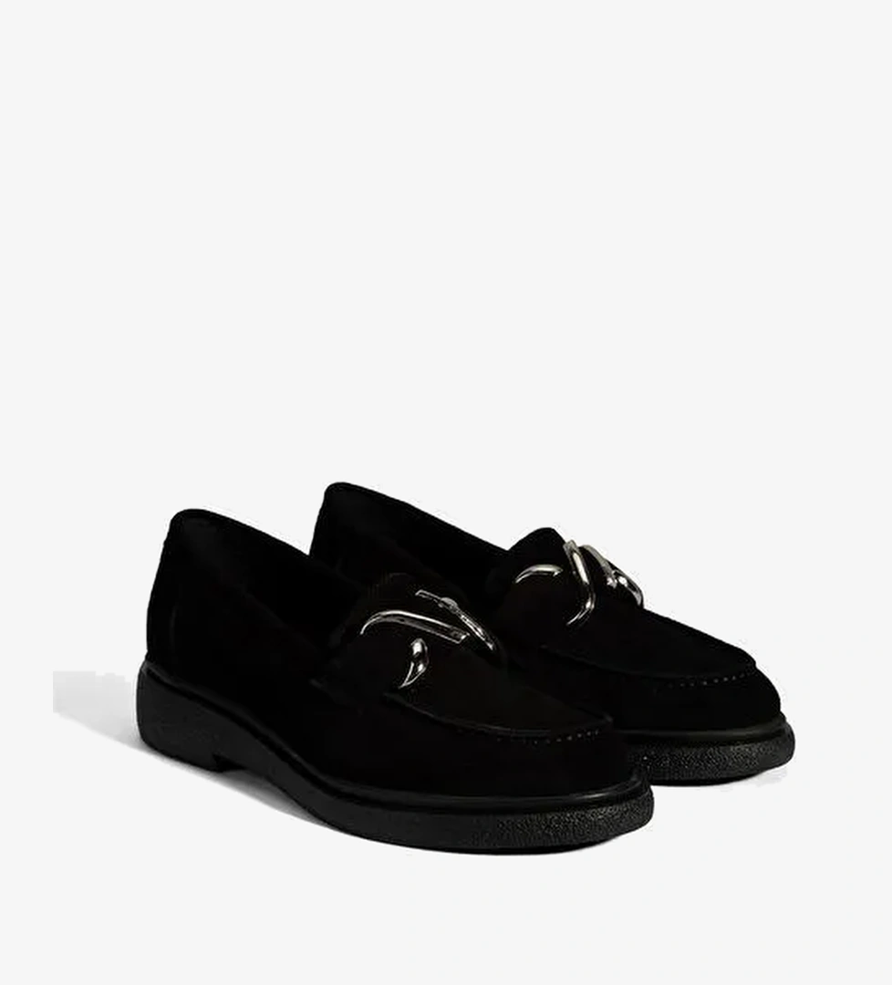 Kadın Siyah Metal Toka Detaylı Süet Loafer - Görsel 1