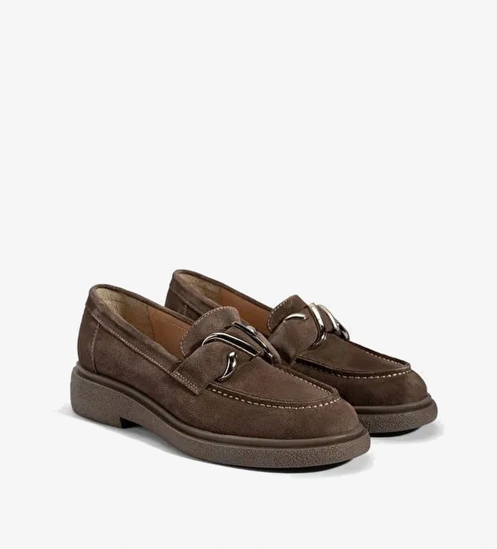 Kadın Kahve Metal Toka Detaylı Süet Loafer - Görsel 1