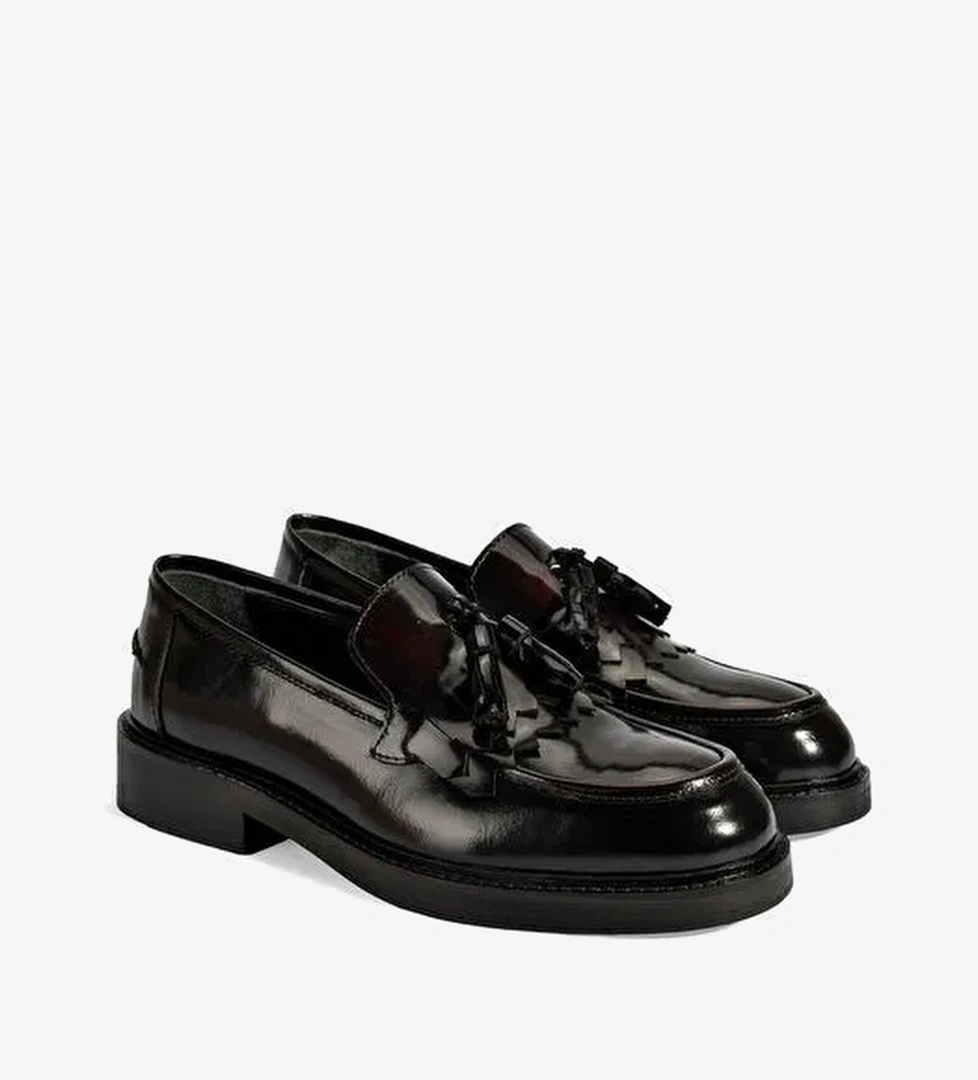 Kadın Bordo Püskül Detaylı Deri Loafer - Görsel 1