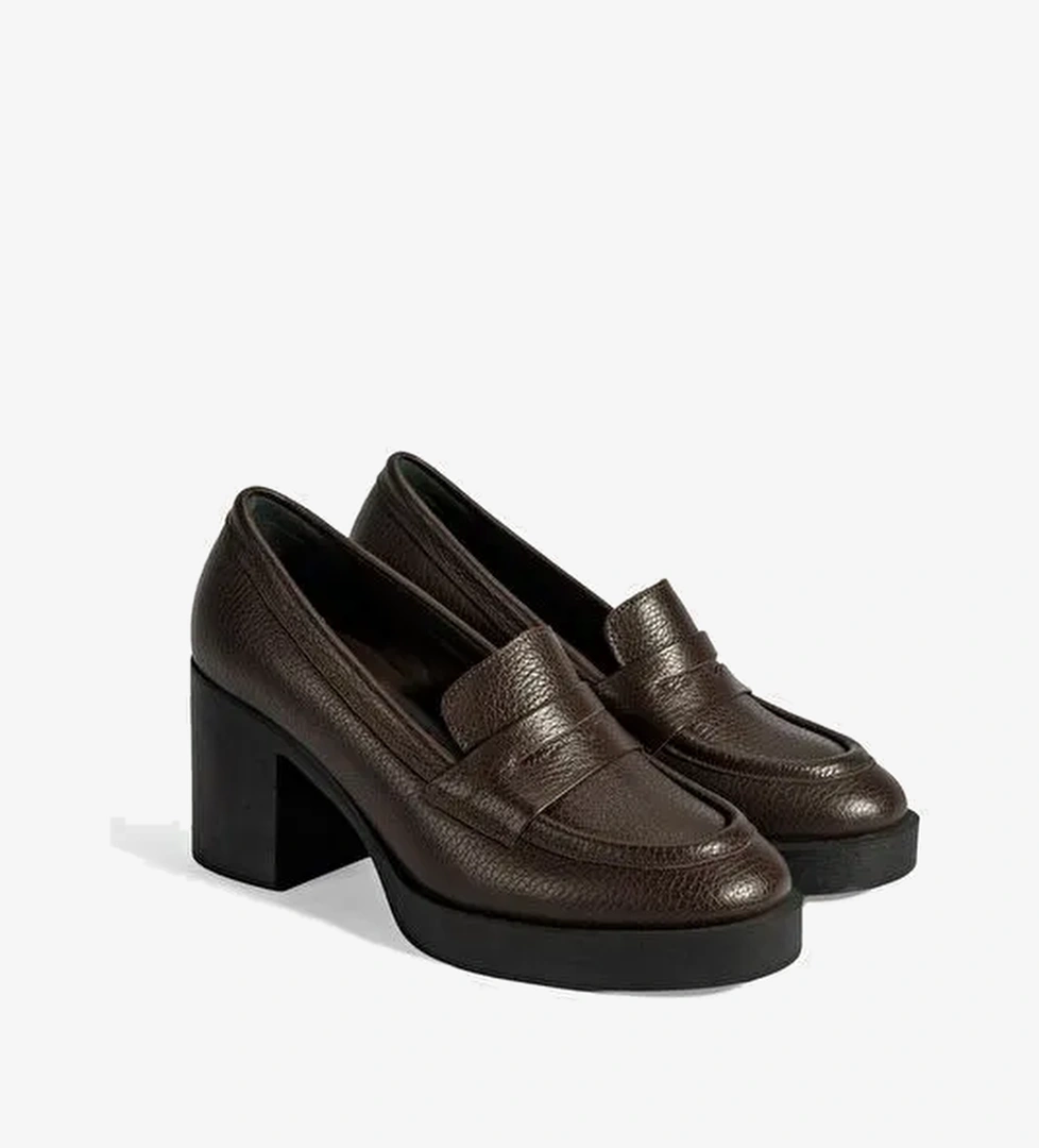 Kadın Kahve Kalın Topuklu Deri Loafer - Görsel 1