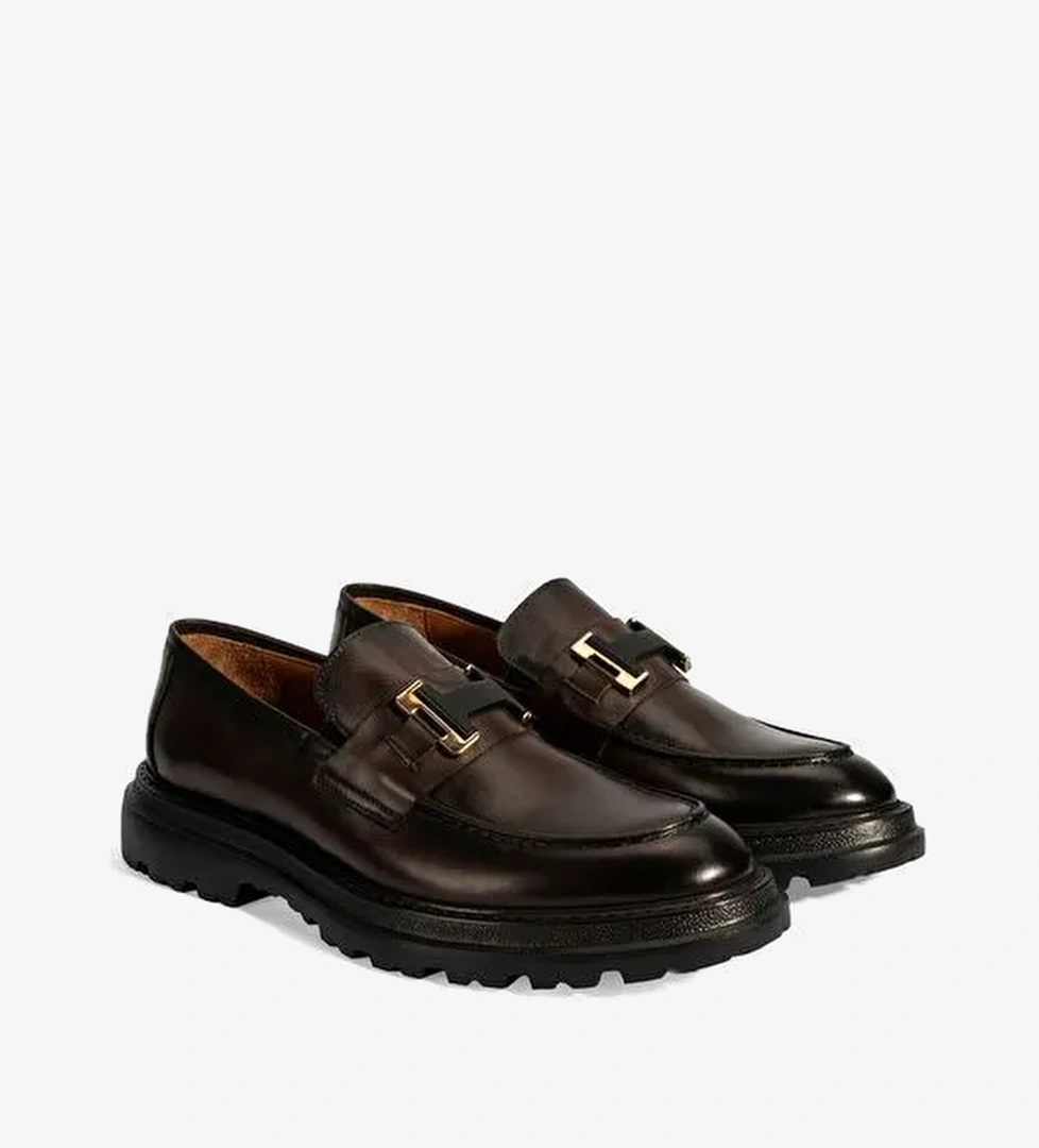 Erkek Kahve Metal Toka Detaylı Deri Loafer - Görsel 1