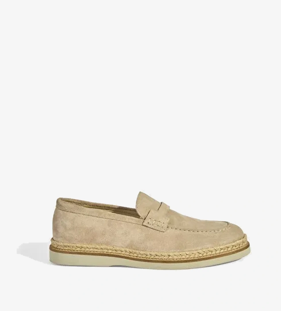 Bej Erkek Örgü Detaylı Süet Loafer - Görsel 1