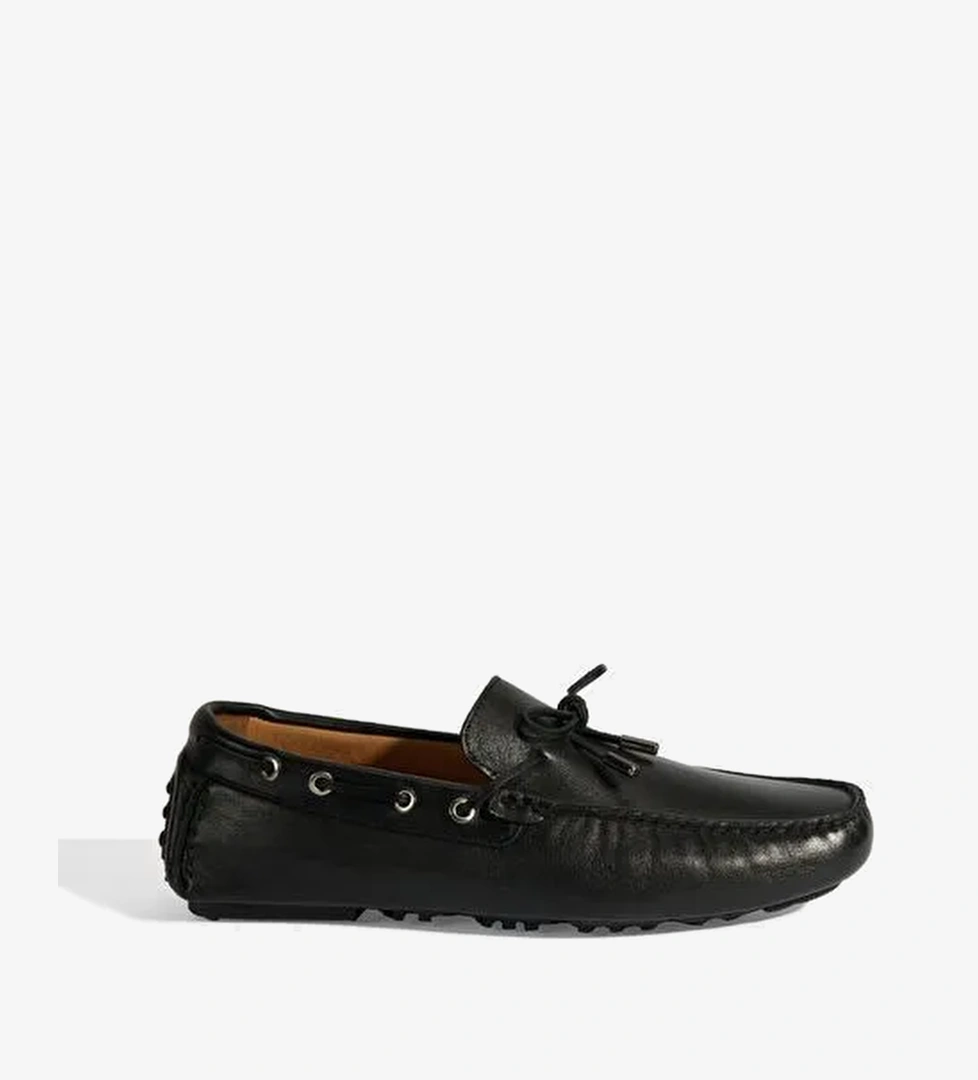 Erkek Siyah Bağcık Detaylı Slip-On Deri Loafer - Görsel 1