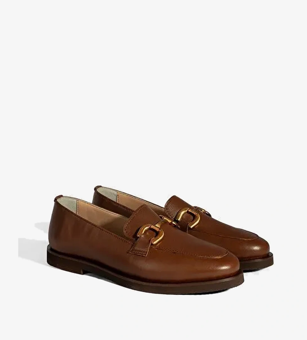 Kadın Taba Metal Toka Aksesuarlı Deri Loafer - Görsel 1