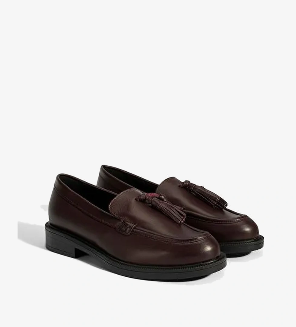 Kadın Bordo Püskül Detaylı Deri Loafer - Görsel 1