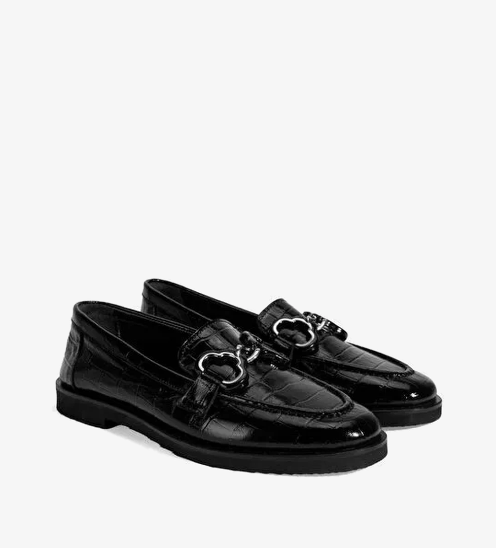 Kadın Siyah Kroko Baskılı Toka Detaylı Deri Loafer - Görsel 1