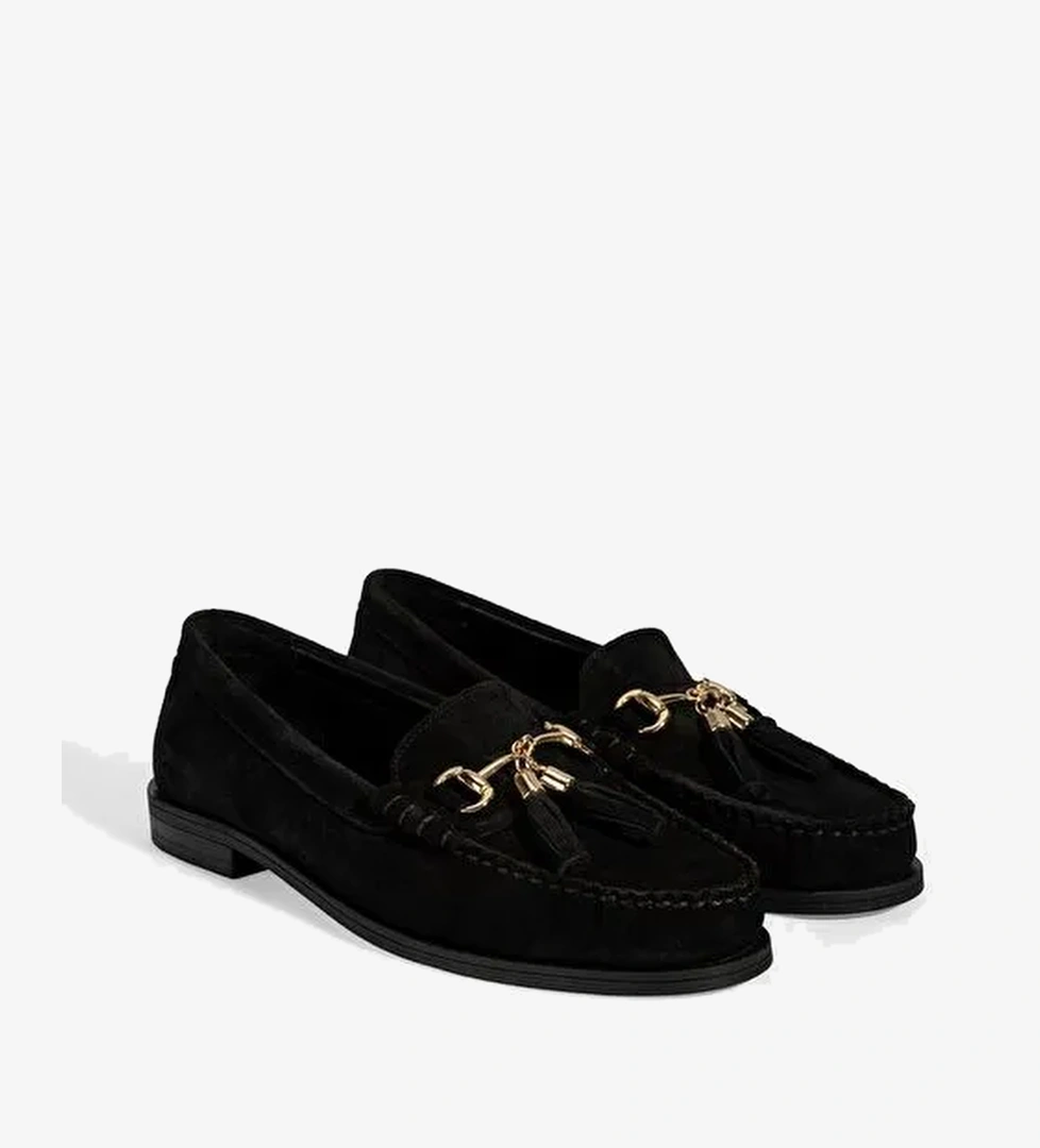 Kadın Siyah Püskül Aksesuarlı Süet Loafer - Görsel 1