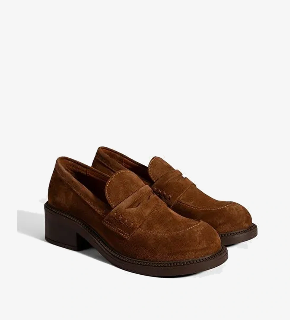 Kadın Taba Topuklu Süet Loafer - Görsel 1